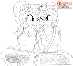 Size: 1014x919 | Tagged: safe, artist:pshyzomancer, pinkie pie, sunset shimmer, equestria girls, g4, black and white, burger, clothes, duo, face to face, female, food, french fries, grayscale, happi, image in description, lineart, monochrome, patreon, patreon logo, sunset sushi, sushi, tray