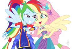 Size: 1590x1080 | Tagged: safe, artist:ilaria122, fluttershy, rainbow dash, butterfly, equestria girls, equestria girls series, g4, rollercoaster of friendship, alternate hairstyle, braid, clothes, dress, duo, female, flower, flower in hair, one eye closed, pants, ponied up, ponytail, simple background, smiling, super ponied up, transparent background
