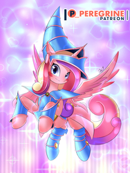 Size: 600x800 | Tagged: safe, artist:phoenixperegrine, princess cadance, alicorn, pony, g4, anime crossover, blush sticker, blushing, clothes, cosplay, costume, dark magician girl, female, looking at you, mare, patreon, patreon logo, smiling, solo, spread wings, wings, yu-gi-oh!