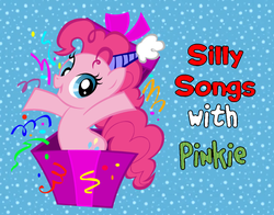 Size: 978x768 | Tagged: artist needed, safe, edit, pinkie pie, g4, box, confetti, silly songs, silly songs with pinkie, streamers, title card, veggietales, wrapped myself up for christmas