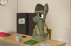 Size: 1904x1230 | Tagged: safe, artist:kamithepony, oc, oc only, oc:rapiddeploy, pony, 1st awesome platoon, clock, duty, marines, monster, refrigerator, solo, tired, waiting