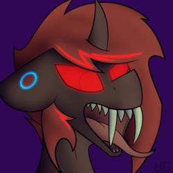 Size: 1500x1500 | Tagged: safe, artist:jacqueling, oc, oc only, oc:flashlight, changeling, angry, changeling oc, ear piercing, earring, ears back, forked tongue, glowing eyes, glowing mane, glowing piercing, jewelry, piercing, red changeling, solo, teeth