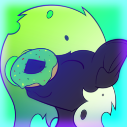 Size: 512x512 | Tagged: safe, artist:jacqueling, oc, oc only, oc:jack sunshine, changeling, changeling oc, donut, eyes closed, food, green changeling, retrowave, smiling, solo