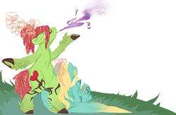 Size: 1000x656 | Tagged: safe, artist:eqq_scremble, derpibooru exclusive, tree hugger, zephyr breeze, earth pony, pegasus, pony, g4, alternate design, blowing, facing away, female, friendshipping, magic, male, pincushionzephyr, shipping, straight, zephyrhugger