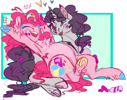 Size: 1173x921 | Tagged: safe, artist:eqq_scremble, derpibooru exclusive, pinkie pie, sugar belle, earth pony, pony, unicorn, g4, abstract background, alternate design, armpits, chubby, colored hooves, equalized, female, food, friendshipping, frog (hoof), frosting, hair tie, icing on nose, laughing, lesbian, ship:sugarpie, shipping, underhoof