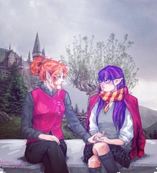 Size: 1389x1529 | Tagged: safe, artist:mr-yan-dvoynykh, sci-twi, sunset shimmer, twilight sparkle, human, g4, alternate clothes, alternate hairstyle, alternate universe, blushing, clothes, crossover, elf ears, female, harry potter (series), harry potter and the goblet of fire, hogwarts, holding hands, human coloration, humanized, lesbian, looking at each other, scarf, ship:sci-twishimmer, ship:sunsetsparkle, shipping, snow, unicorns as elves