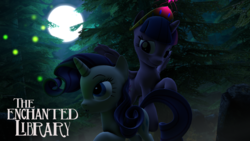 Size: 3840x2160 | Tagged: safe, alternate version, artist:henry, derpibooru exclusive, rarity, twilight sparkle, alicorn, pony, fanfic:the enchanted library, g4, 3d, element of magic, fanfic art, fog, forest, high res, moon, source filmmaker, twilight sparkle (alicorn)