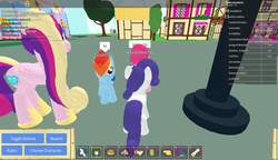 Size: 1280x737 | Tagged: safe, pinkie pie, princess cadance, rainbow dash, rarity, pony, g4, 3d, female, filly, filly pinkie pie, filly rainbow dash, filly rarity, mare, ponyville, roblox, roleplay is magic, username, younger