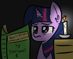 Size: 1118x901 | Tagged: safe, artist:artiks, twilight sparkle, pony, g4, 30 minute art challenge, book, candle, dark, female, implied chrysalis, implied queen chrysalis, mare, solo, tired