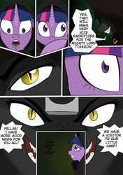 Size: 750x1066 | Tagged: safe, artist:chedx, twilight sparkle, pony, comic:curse and madness, g4, cloak, close-up, clothes, comic, covering mouth, face, fangs, female, golden eyes, hooded cape, mare, mlpcam, shrunken pupils, slit pupils, snake eyes, text bubbles, toothy grin