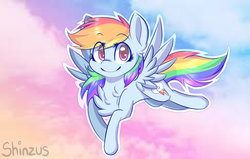 Size: 1024x651 | Tagged: safe, artist:shinzus, rainbow dash, pegasus, pony, g4, chest fluff, female, flying, looking at you, mare, solo