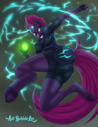 Size: 1545x2000 | Tagged: safe, artist:askbubblelee, tempest shadow, unicorn, anthro, unguligrade anthro, bronycon 2018, g4, my little pony: the movie, breasts, broken horn, clothes, eye scar, female, fingerless gloves, gloves, horn, looking back, mare, print, scar, smiling, solo, tempass, underhoof