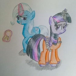 Size: 3120x3120 | Tagged: safe, artist:prinrue, trixie, twilight sparkle, alicorn, pony, g4, chains, clothes, female, glowing horn, high res, horn, jumpsuit, key ring, keychain, lesbian, prison outfit, ship:twixie, shipping, traditional art, twilight sparkle (alicorn)