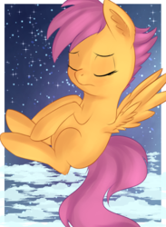 Size: 552x754 | Tagged: safe, artist:brok-enwings, scootaloo, g4, cloud, eyes closed, frown, sky, snow, stars