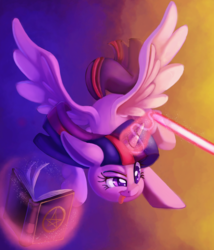 Size: 2000x2333 | Tagged: safe, artist:discorded, twilight sparkle, alicorn, pony, g4, book, female, glowing horn, high res, horn, laser, magic, mare, solo, telekinesis, tongue out, twilight sparkle (alicorn)