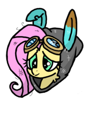 Size: 500x710 | Tagged: safe, artist:fork, fluttershy, pegasus, pony, g4, bunny ears, bust, clothes, costume, dangerous mission outfit, female, goggles, hoodie, mare, portrait, simple background, solo, white background
