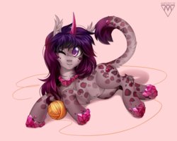 Size: 1200x960 | Tagged: safe, artist:margony, oc, oc only, original species, cat tail, chest fluff, commission, crystal, curved horn, digital art, ear fluff, female, horn, looking at you, mare, one eye closed, signature, solo, spots, wink, yarn, yarn ball