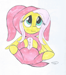 Size: 2005x2288 | Tagged: safe, artist:taurson, fluttershy, pegasus, pony, g4, animal costume, bunny costume, bunnyshy, clothes, costume, female, freckles, high res, kigurumi, looking up, mare, on back, simple background, smiling, solo, traditional art, white background, wings