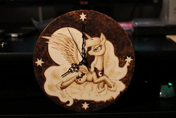 Size: 1280x853 | Tagged: safe, artist:horseez, princess luna, pony, g4, clock, female, pyrography, solo, traditional art
