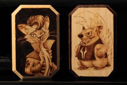 Size: 1280x862 | Tagged: safe, artist:horseez, capper dapperpaws, grubber, abyssinian, anthro, g4, my little pony: the movie, chest fluff, male, monochrome, pyrography, traditional art