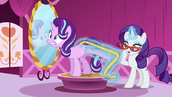Size: 1280x720 | Tagged: safe, screencap, rarity, starlight glimmer, pony, unicorn, g4, no second prances, carousel boutique, duo, female, glasses, glowing horn, horn, magic, mare, measuring tape, mirror, out of context, telekinesis