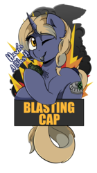 Size: 1904x3408 | Tagged: safe, artist:beardie, oc, oc only, oc:blasting cap, pony, badge, con badge, grenade, simple background, solo, text, transparent background