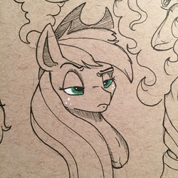 Size: 1280x1280 | Tagged: safe, artist:greyscaleart, part of a set, applejack, earth pony, pony, g4, bust, close-up, female, lidded eyes, mare, monochrome, partial color, raised eyebrow, solo, traditional art