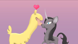 Size: 1197x678 | Tagged: safe, artist:hbits, oleander (tfh), paprika (tfh), alpaca, classical unicorn, pony, unicorn, them's fightin' herds, 3d, community related, duo, eyes closed, female, gradient background, heart, horn, interspecies, leonine tail, lesbian, nose kiss, oleander is not amused, papreander, scrunchy face, shipping, that alpaca sure does love kisses, unamused