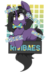 Size: 1725x2625 | Tagged: safe, artist:beardie, oc, oc only, oc:rivibaes, pony, badge, con badge, onomatopoeia, simple background, solo, squeak, squeaky toy, transparent background