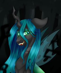 Size: 1485x1784 | Tagged: dead source, safe, artist:foxlove253, queen chrysalis, changeling, changeling queen, g4, bust, fangs, female, glowing eyes, portrait, smiling, solo