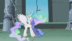 Size: 1280x720 | Tagged: safe, screencap, princess celestia, princess luna, alicorn, pony, friendship is magic, g4, castle of the royal pony sisters, s1 luna, surprised