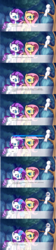 Size: 1804x8069 | Tagged: safe, artist:lilfunkman, fluttershy, rarity, oc, oc:elara, owl, pegasus, pony, unicorn, fanfic:the enchanted library, g4, choice, comic, dialogue, everfree forest, female, forest, glowing horn, horn, looking back, magic, mare, music notes, raised hoof, telekinesis, text box, tree, tree branch, turning, visual novel