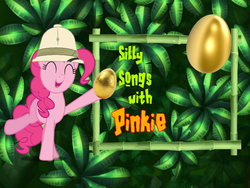 Size: 800x600 | Tagged: safe, pinkie pie, earth pony, pony, g4, egg, female, golden egg, mare, my golden egg, safari hat, silly songs, silly songs with pinkie, solo, title card, veggietales