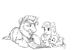 Size: 1280x853 | Tagged: safe, artist:rutkotka, spike, twilight sparkle, alicorn, pony, unicorn, g4, book, couple, crossover, crossover shipping, explaining, female, geralt of rivia, geraltlight, library, lying, male, monochrome, ponified, shipping, smiling, stallion, straight, the witcher, twilight sparkle (alicorn)