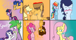 Size: 1024x548 | Tagged: safe, artist:jinshu2, applejack, caramel, cheese sandwich, flash sentry, fluttershy, pinkie pie, rainbow dash, rarity, soarin', spike, twilight sparkle, alicorn, pony, g4, female, male, mane seven, mane six, older, older spike, ship:carajack, ship:cheesepie, ship:flashlight, ship:soarindash, ship:sparity, shipping, straight, twilight sparkle (alicorn)