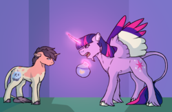 Size: 3450x2250 | Tagged: safe, artist:minsona, twilight sparkle, oc, oc:eden apple, alicorn, classical unicorn, goldfish, pony, unicorn, g4, cloven hooves, colored wings, colt, description is relevant, female, fishbowl, glowing horn, high res, horn, leonine tail, levitation, magic, male, mare, mother and son, multicolored wings, necromancy, offspring, parent:big macintosh, parent:twilight sparkle, parents:twimac, scolding, spread wings, telekinesis, twilight sparkle (alicorn), unshorn fetlocks, wings