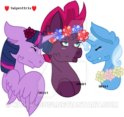 Size: 400x379 | Tagged: safe, artist:kitkatbug1, fizzlepop berrytwist, tempest shadow, trixie, twilight sparkle, alicorn, pony, g4, my little pony: the movie, female, floral head wreath, flower, lesbian, ship:tempestlight, ship:tempestrix, ship:twixie, shipping, twilight sparkle (alicorn), watermark