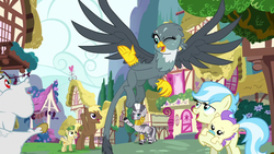 Size: 1280x720 | Tagged: safe, screencap, bulk biceps, carrot crunch, coco crusoe, cream puff, cultivar, gabby, zecora, griffon, g4, the fault in our cutie marks, braces, flying, one eye closed, ponyville, wink