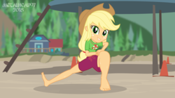 Size: 3999x2249 | Tagged: safe, artist:metalhead97, applejack, equestria girls, g4, my little pony equestria girls: better together, turf war, barefoot, beach, clothes, feet, female, fetish, foot fetish, geode of super strength, high res, lifeguard applejack, looking at you, magical geodes, offscreen character, pov, shorts, show accurate, smiling, solo, stretching, sweat, toes