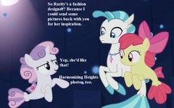 Size: 832x520 | Tagged: safe, edit, edited screencap, editor:korora, screencap, apple bloom, sweetie belle, terramar, earth pony, seapony (g4), unicorn, g4, surf and/or turf, blue eyes, blue mane, blue tail, bubble, coral, crepuscular rays, cropped, dorsal fin, fin, fin wings, fins, fish tail, floppy ears, flowing mane, flowing tail, happy, horn, implied rarity, jewelry, looking at each other, looking at someone, male, necklace, ocean, open mouth, ribbon, seaponified, seapony apple bloom, seapony sweetie belle, seaquestria, seaweed, smiling, species swap, swimming, tail, underwater, water, wings