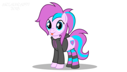 Size: 3999x2249 | Tagged: safe, artist:metalhead97, oc, oc only, oc:panda shade, pony, clothes, cute, high res, hoodie, looking at you, show accurate, simple background, socks, solo, striped socks, tongue out, white background