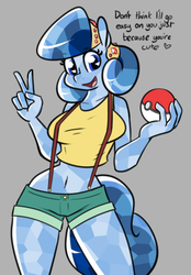 Size: 500x718 | Tagged: safe, artist:whatsapokemon, oc, oc only, oc:heart song, crystal pony, earth pony, anthro, anthro oc, belly button, booty shorts, breasts, clothes, daisy dukes, dialogue, female, gray background, looking at you, open mouth, poké ball, pokémon, shirt, shorts, simple background, solo, thighs