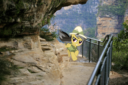 Size: 1024x683 | Tagged: safe, artist:didgereethebrony, daring do, pony, g4, australia, blue mountains, cliff, female, fence, mlp in australia, solo, wentworth falls
