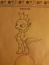 Size: 756x1008 | Tagged: safe, artist:hickory17, oc, oc only, oc:barb the dragon, dragon, tails of equestria, dragon oc, dragoness, female, hand on hip, show accurate, solo, traditional art