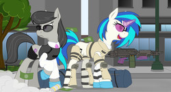 Size: 2115x1145 | Tagged: safe, artist:xphil1998, dj pon-3, octavia melody, vinyl scratch, g4, crossover, gun, pair, payday, payday 2, weapon