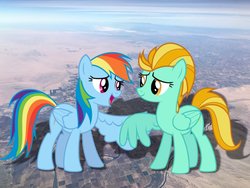 Size: 1032x774 | Tagged: safe, artist:jerryakira79, lightning dust, rainbow dash, pegasus, pony, g4, female, giant ponies in real life, giant pony, giant rainbow dash, irl, macro, mega/giant lightning dust, mega/giant rainbow dash, photo, ponies in real life