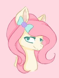 Size: 600x800 | Tagged: safe, artist:sugarfrosting, oc, oc only, oc:sugar frosting, earth pony, pony, blue eyes, bow, bust, candy, cel shading, colored pupils, cute, eyelashes, female, hair bow, looking at you, mare, pink hair, simple background, sketchy, smiling, solo, styled hair