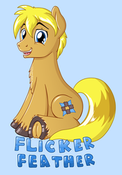 Size: 551x786 | Tagged: safe, artist:caroo, oc, oc:flicker feather, earth pony, pony, badge, chest fluff, frog (hoof), hoofbutt, male, ponysona, sitting, stallion, underhoof, unshorn fetlocks