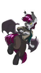 Size: 1080x1920 | Tagged: safe, artist:noben, oc, oc only, oc:justice seeker, bat pony, hybrid, zebra, anthro, female, flying, necktie, simple background, transparent background