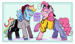 Size: 2976x1747 | Tagged: safe, artist:maddzroks, pinkie pie, rainbow dash, earth pony, pegasus, pony, g4, abstract background, baseball cap, beanie, cap, clothes, dialogue, duo, ear fluff, ear piercing, earring, female, hat, jeans, jewelry, lidded eyes, looking at you, mare, pants, piercing, raised hoof, smiling, speech bubble, stripes, sweater